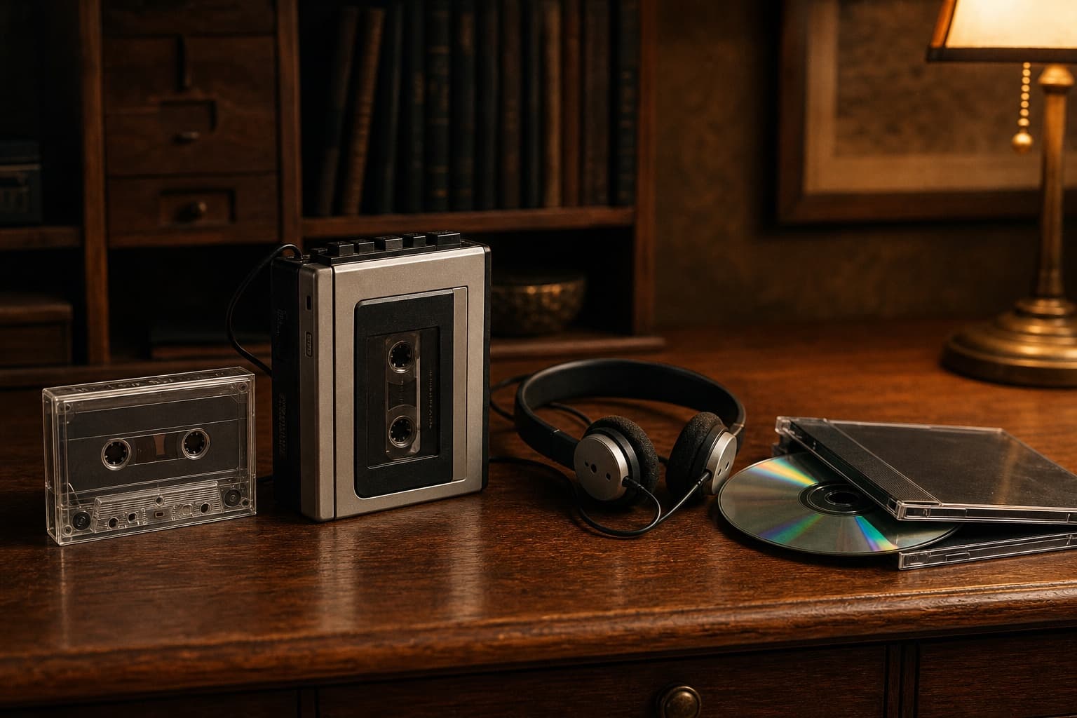 Cassette, máy nghe băng, tai nghe và đĩa CD trên bàn gỗ