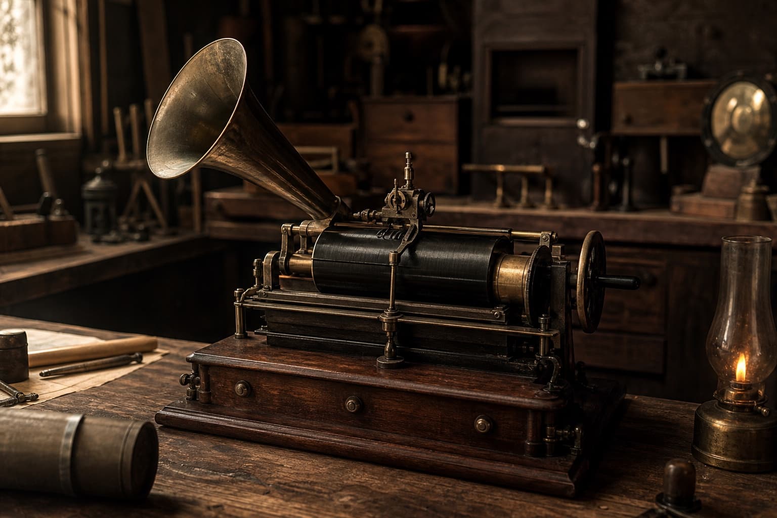 Máy phonograph hình trụ trong một xưởng chế tác cuối thế kỷ 19